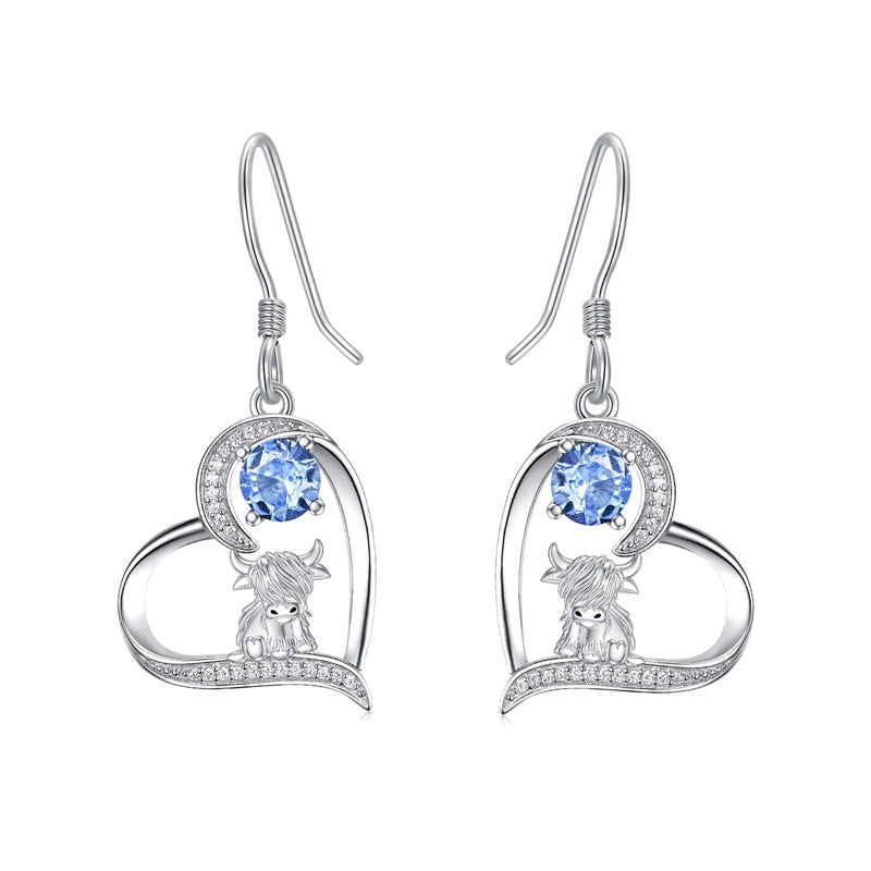 Sterling Silver Birthstone Highland Cow Dangle Earrings