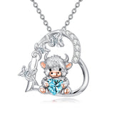 Sterling Silver Highland Cow Pendant Necklace Birthstone Necklace Gift for Women