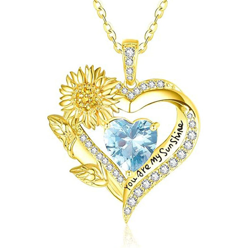 Sterling Sliver Birthstone Love Heart & Sunflower Pendant Necklace Engraved With You Are My Sunshine