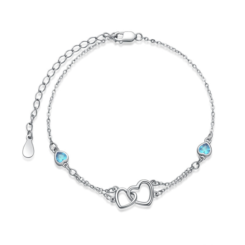 Sterling Silver Double Heart Birthstone Single Layer Anklet