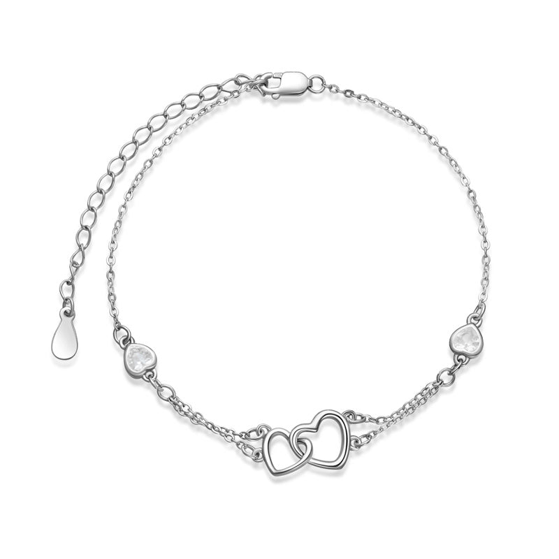 Sterling Silver Double Heart Birthstone Single Layer Anklet