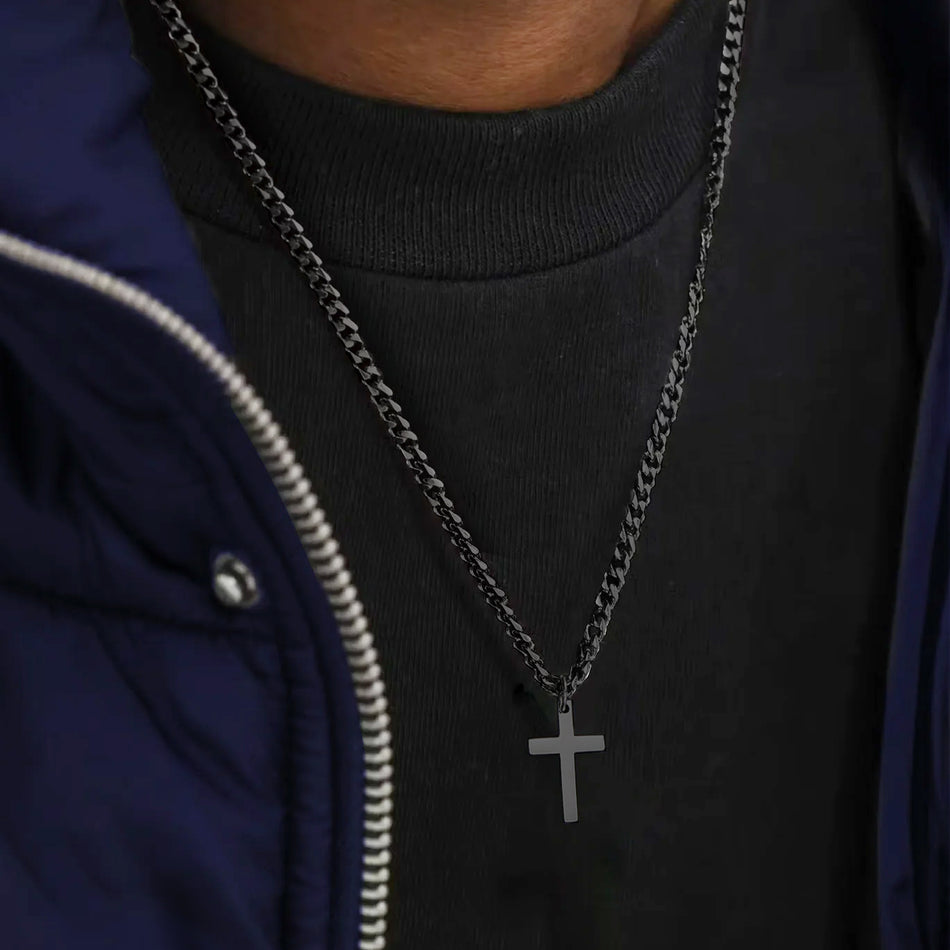 Cross with 3mm Cuban Chain Pendant Necklace for Men