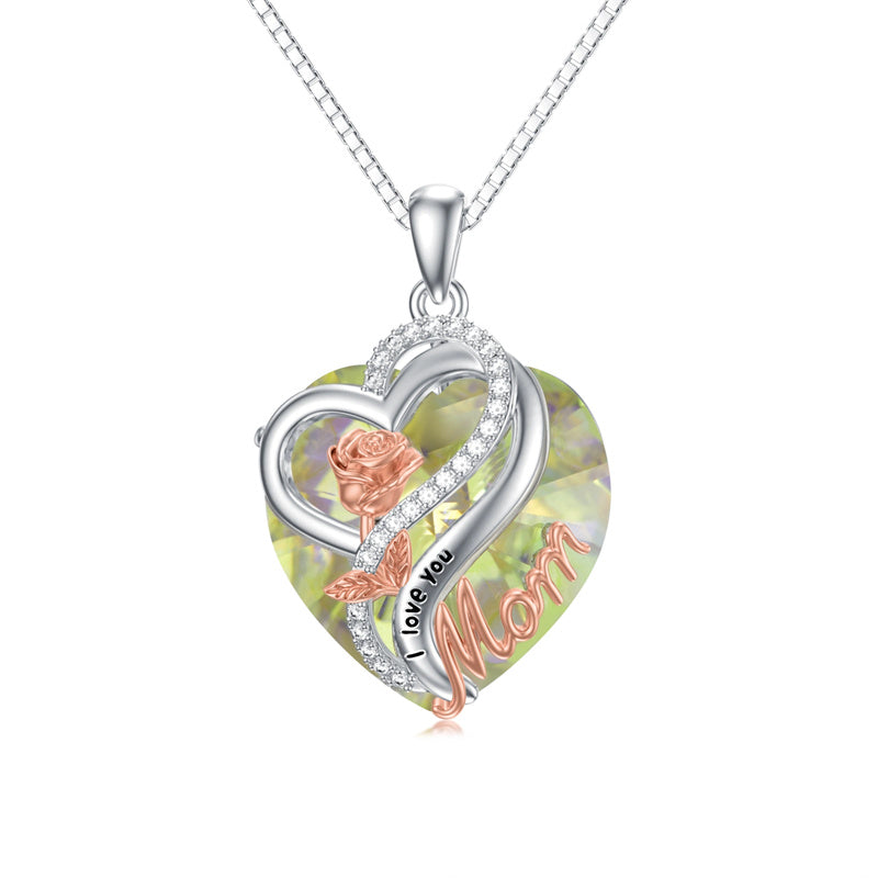 Sterling Silver Birthstone Heart Rose Pendant Necklace With Engraved