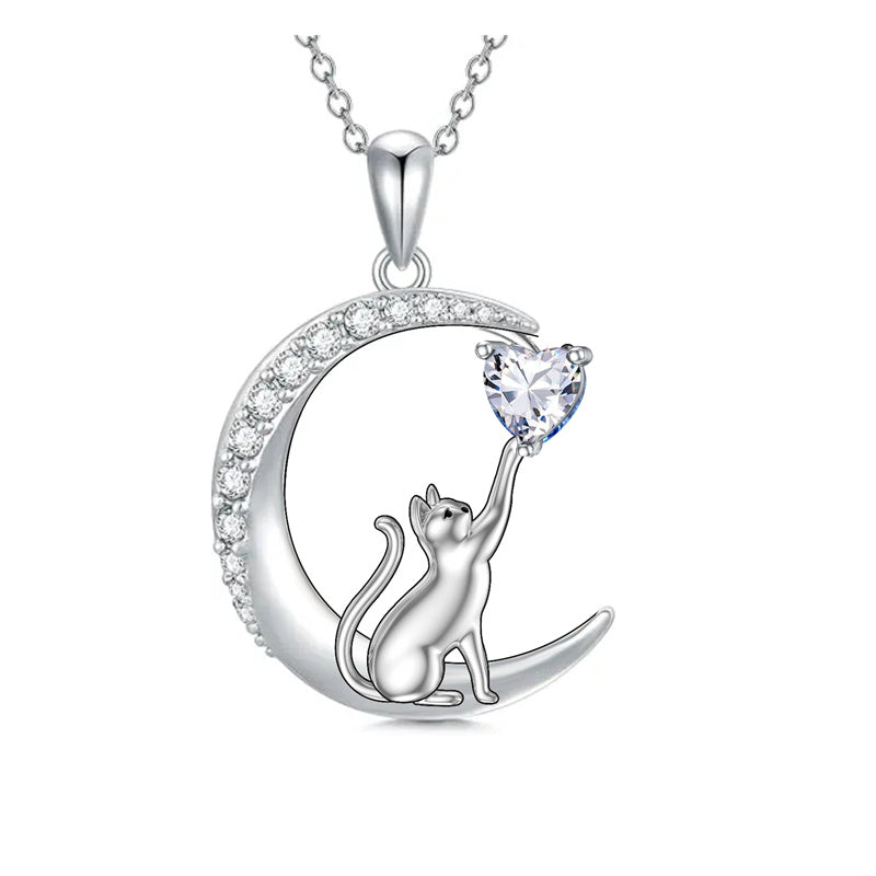 Sterling Silver Heart Birthstone Cat Pendant Necklace