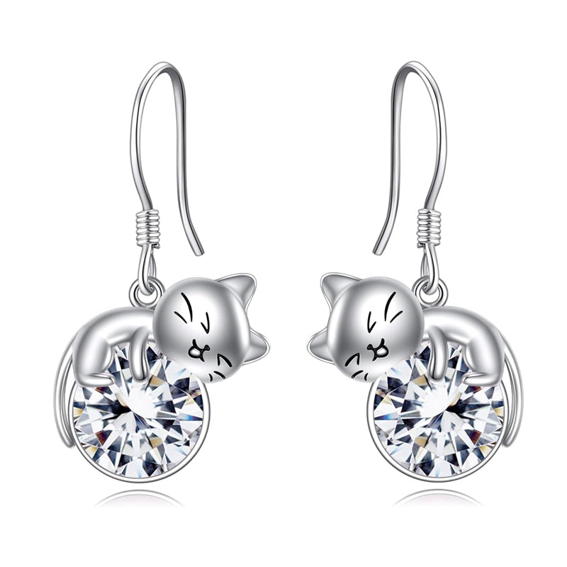 Sterling Silver Rose Quartz Birthstone Cat Dangle Earrings