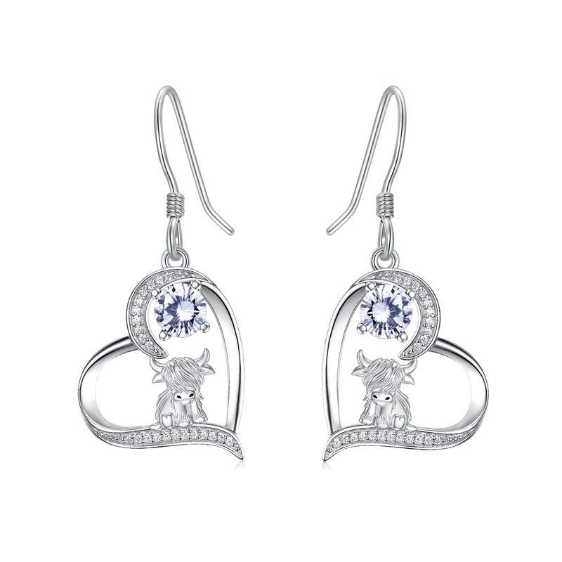 Sterling Silver Birthstone Highland Cow Dangle Earrings
