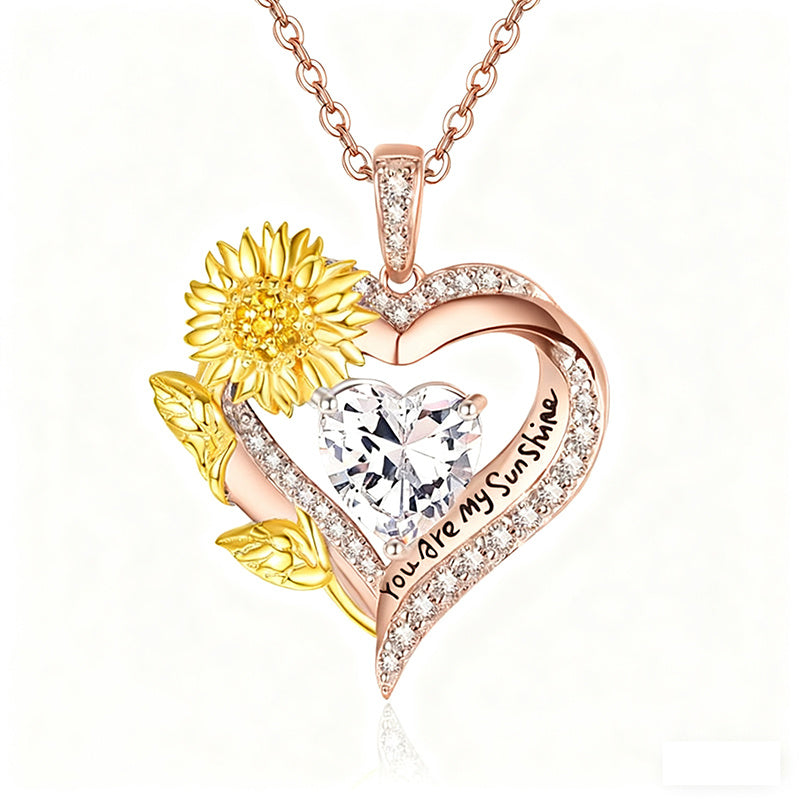 Sterling Sliver Birthstone Love Heart & Sunflower Pendant Necklace Engraved With You Are My Sunshine