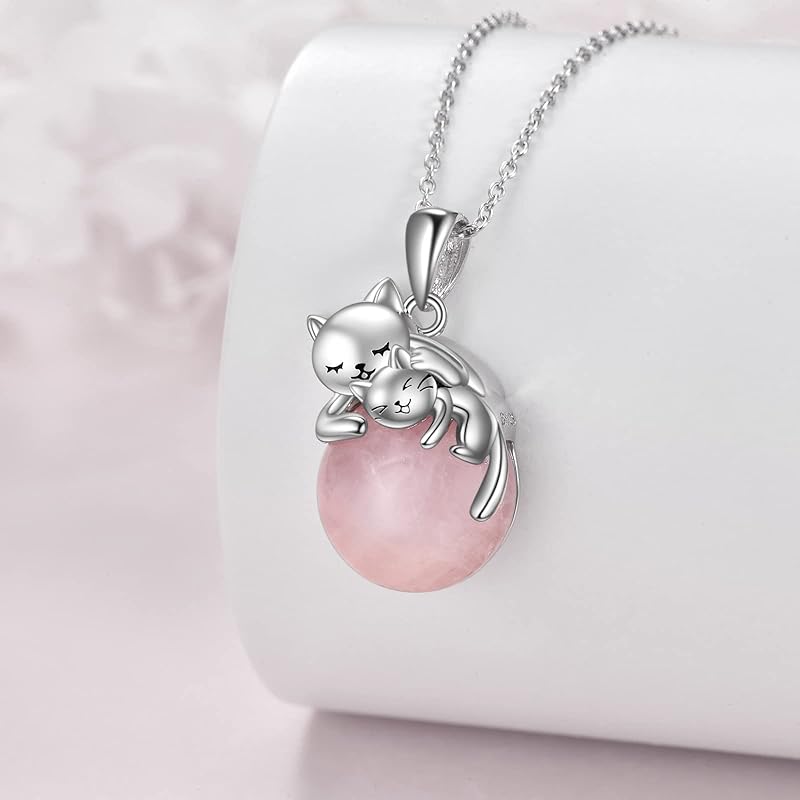 Sterling Silver Moonstone Pearl Rose Quartz Crystal Cat Pendant Necklace