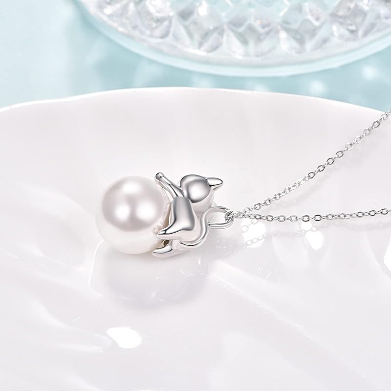 Sterling Silver Moonstone Pearl Rose Quartz Crystal Cat Pendant Necklace