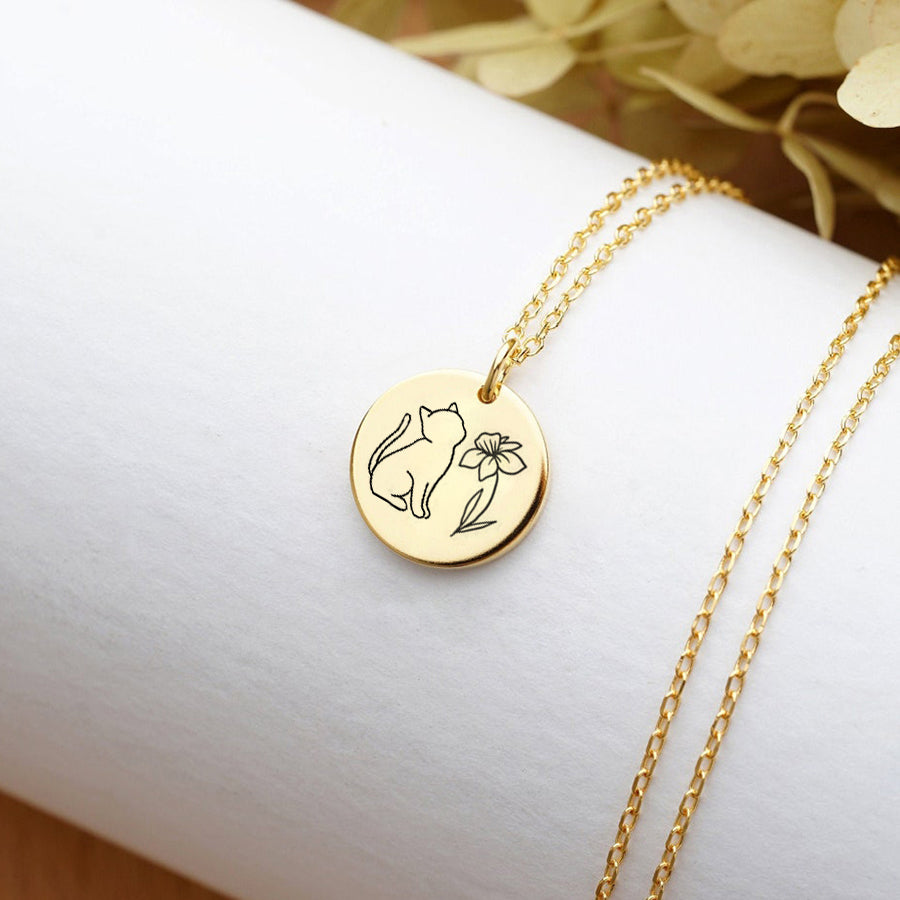 Sterling Silver Personalized Birth Flower Cat Pendant Necklace