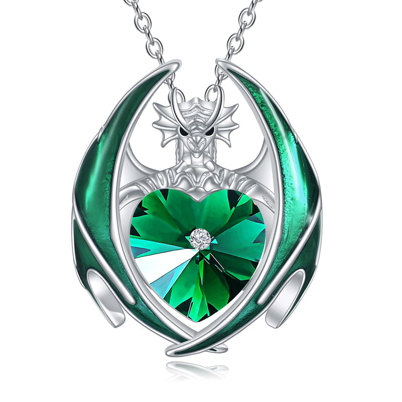 Sterling Silver Heart Shaped Crystal Birthstone Dragon Pendant Necklace