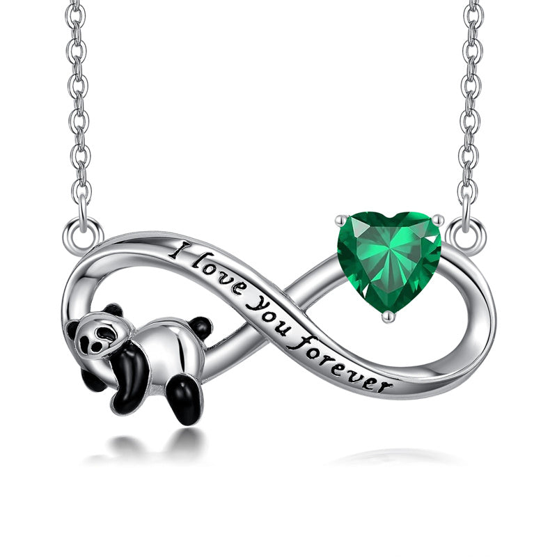 Sterling Silver Birthstone Infinity Panda Pendant Necklace Engraved with I Love Forever