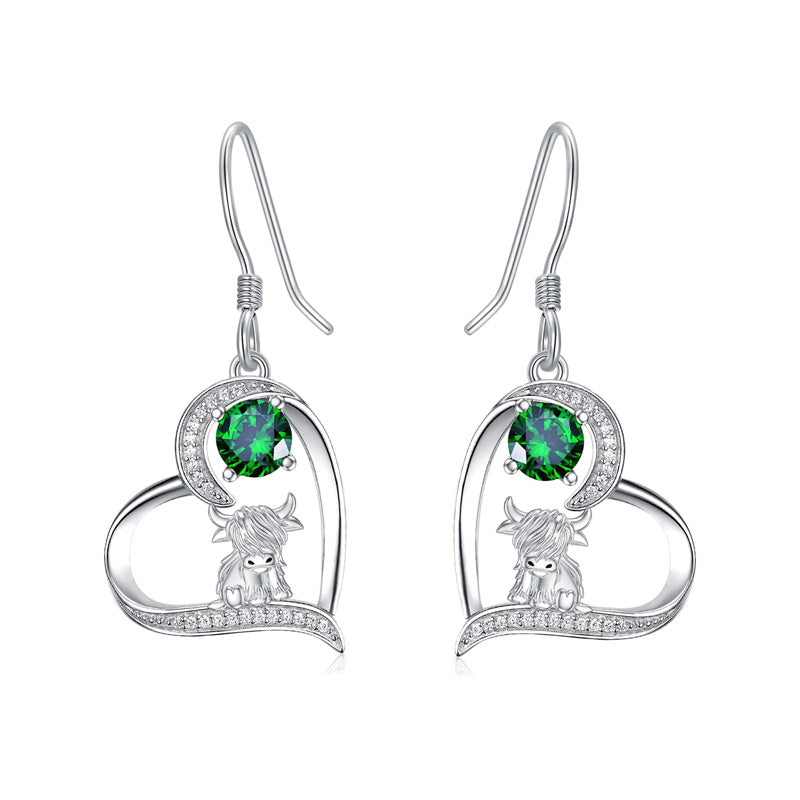 Sterling Silver Birthstone Highland Cow Dangle Earrings