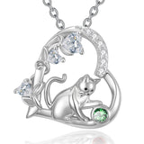 Sterling Silver 12 Month Birthstone Cat Pendant Necklace Gifts for Cat Lovers