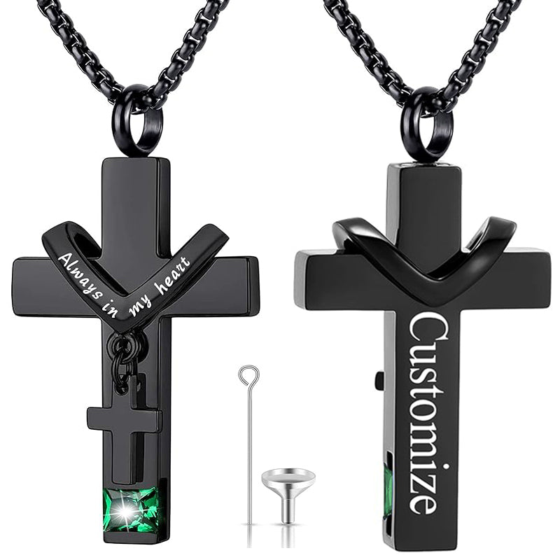 Stainless Steel Birthstones Cross Urn Necklaces for Ashes