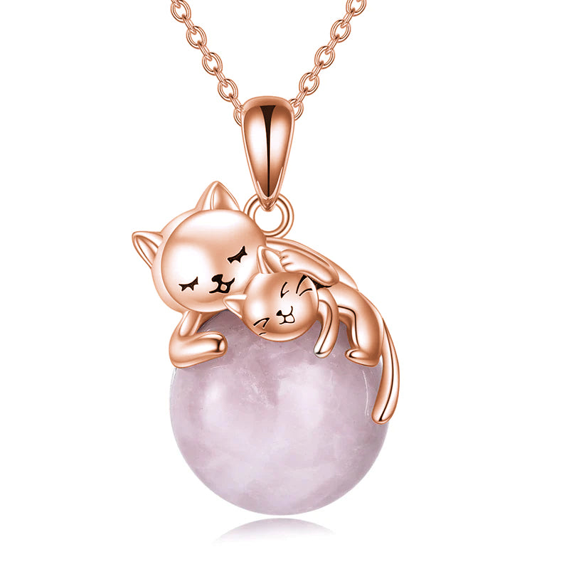 Sterling Silver Moonstone Pearl Rose Quartz Crystal Cat Pendant Necklace