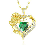 Sterling Sliver Birthstone Love Heart & Sunflower Pendant Necklace Engraved With You Are My Sunshine