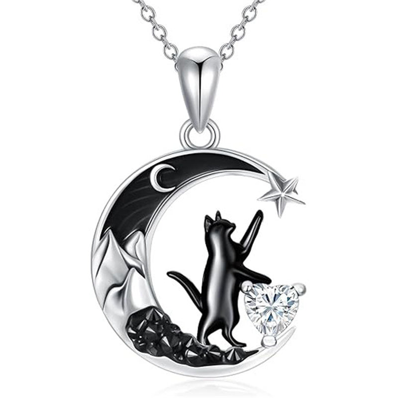 Sterling Silver Heart Birthstone Moon Star Black Cat Pendant Necklace