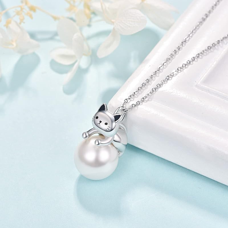 Sterling Silver Moonstone Pearl Rose Quartz Crystal Cat Pendant Necklace