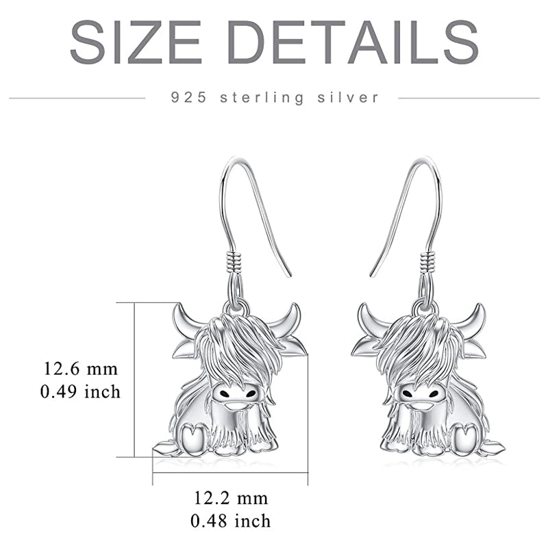 Sterling Sliver Highland Cow Stud  Dangle Earrings
