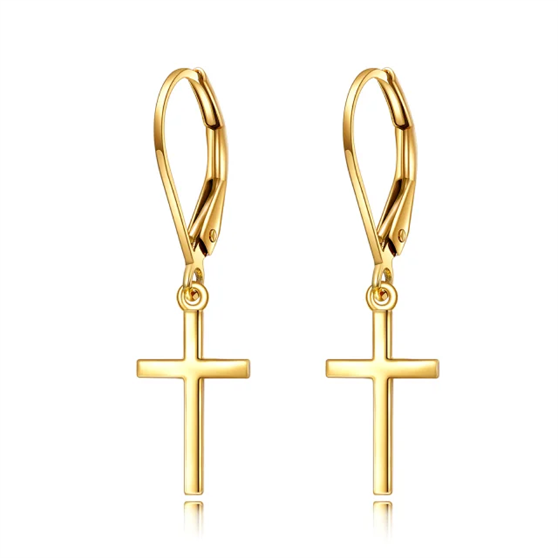 14K Gold Cross Leverback Earrings