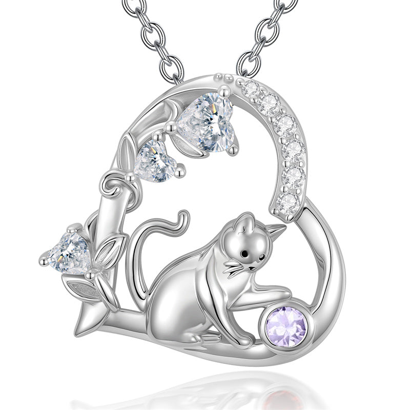 Sterling Silver 12 Month Birthstone Cat Pendant Necklace Gifts for Cat Lovers