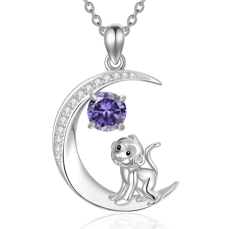 Sterling Silver Birthstone Cat Dog Monkey Pendant Necklace