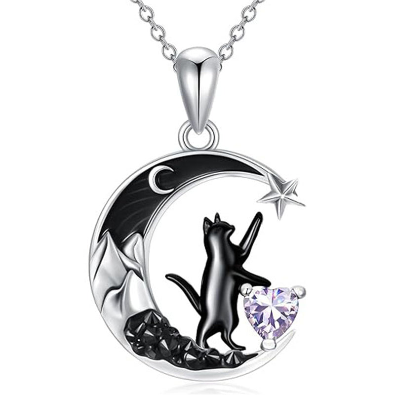 Sterling Silver Heart Birthstone Moon Star Black Cat Pendant Necklace