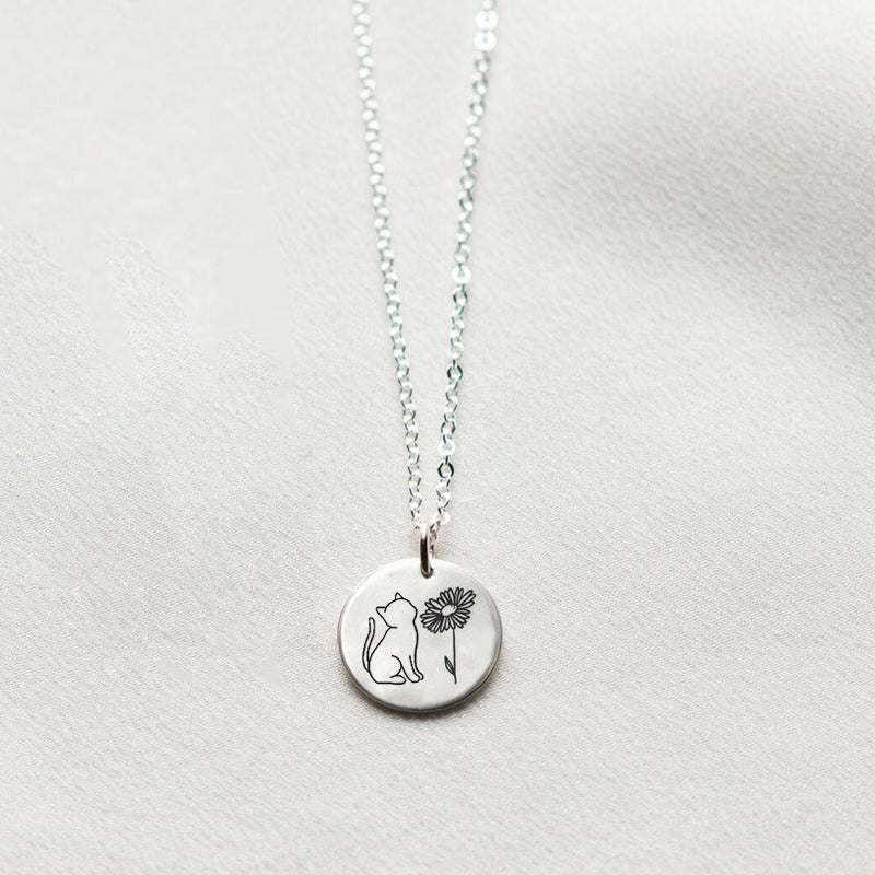 Sterling Silver Personalized Birth Flower Cat Pendant Necklace