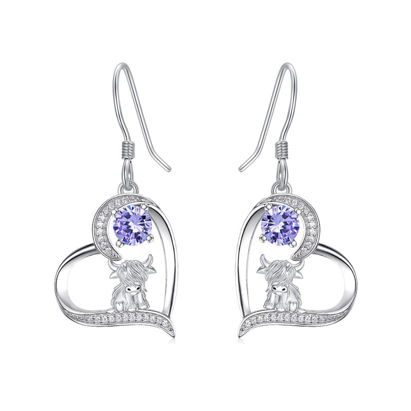 Sterling Silver Birthstone Highland Cow Dangle Earrings