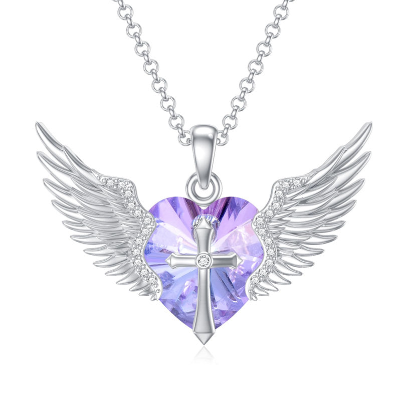 Sterling Silver Birthstone Angel Wings&Cross Pendant Necklace