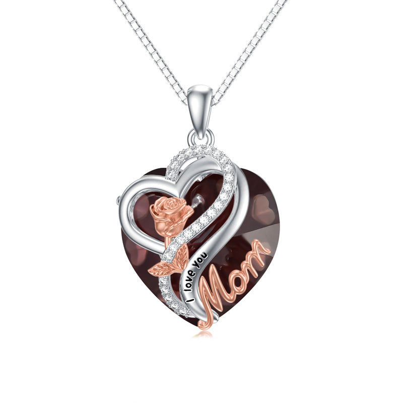 Sterling Silver Birthstone Heart Rose Pendant Necklace With Engraved