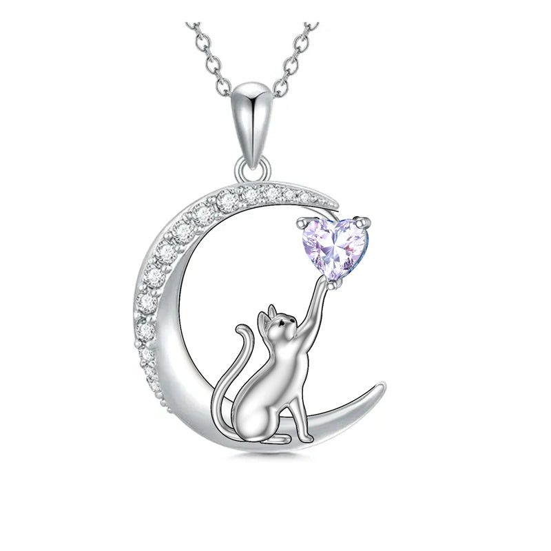 Sterling Silver Heart Birthstone Cat Pendant Necklace