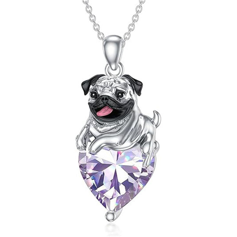 Sterling Silver Heart Birthstone Pug Pendant Necklace