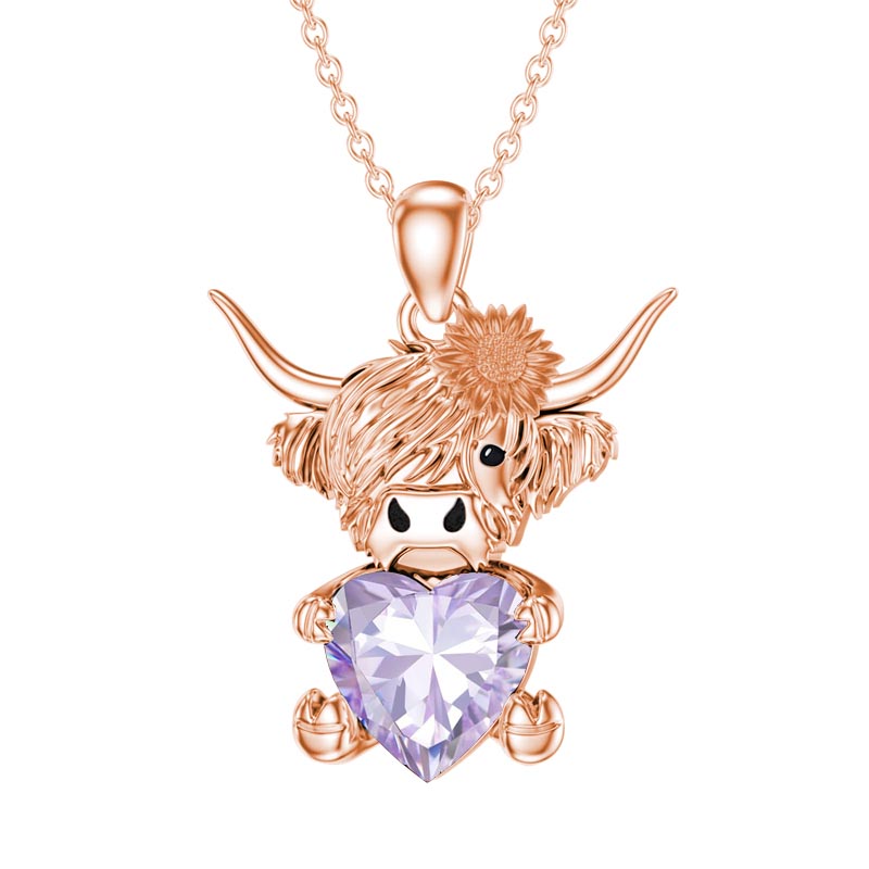 Sterling Silver Heart Birthstone Highland Cow Pendant Necklace