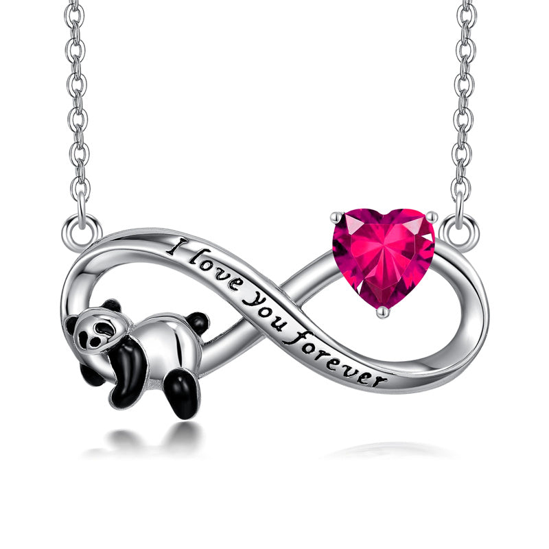Sterling Silver Birthstone Infinity Panda Pendant Necklace Engraved with I Love Forever