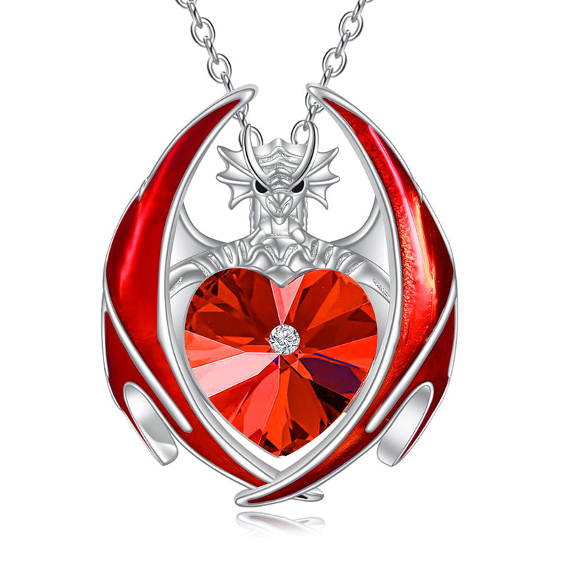 Sterling Silver Heart Shaped Crystal Birthstone Dragon Pendant Necklace