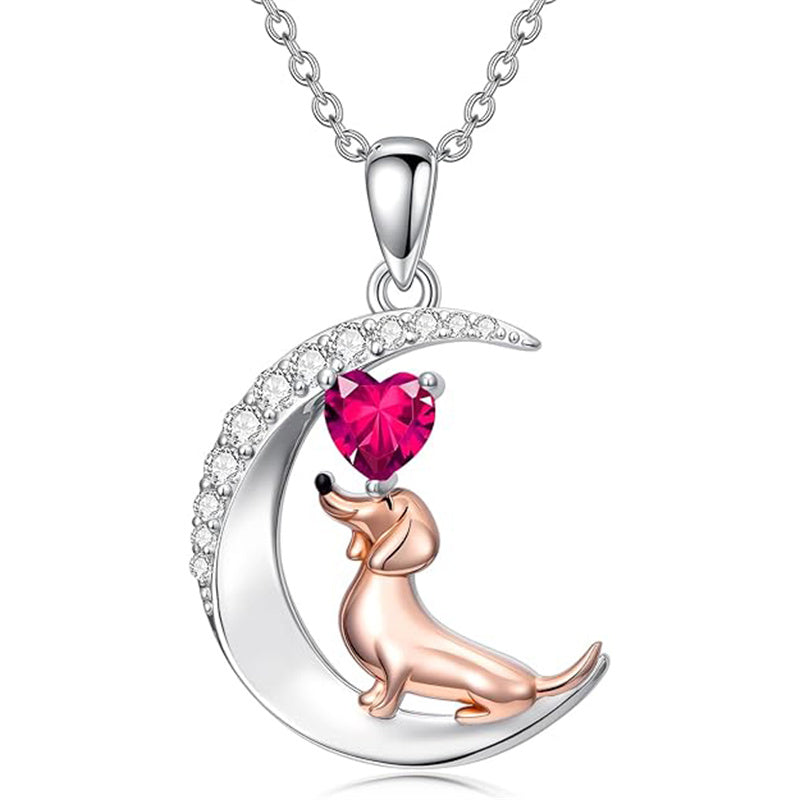 Sterling Silver Heart Birthstone  Dachshund Pendant Necklace