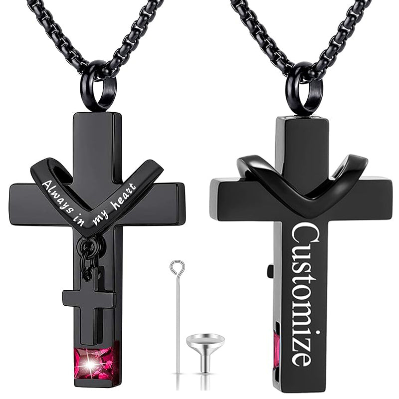 Stainless Steel Birthstones Cross Urn Necklaces for Ashes