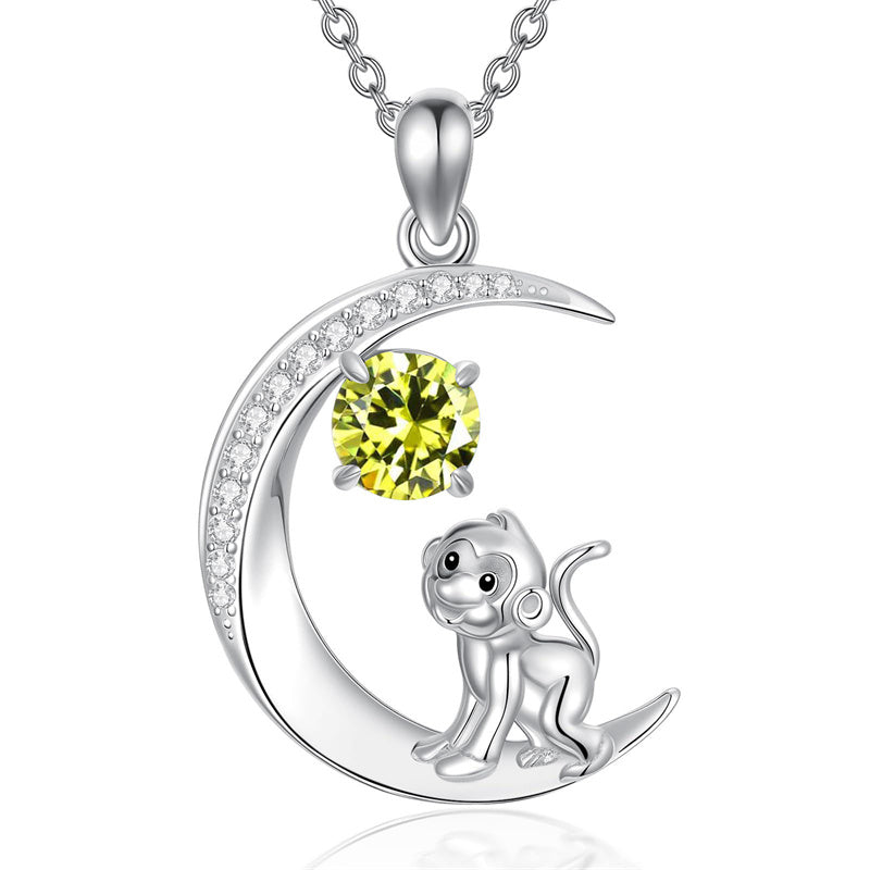 Sterling Silver Birthstone Cat Dog Monkey Pendant Necklace