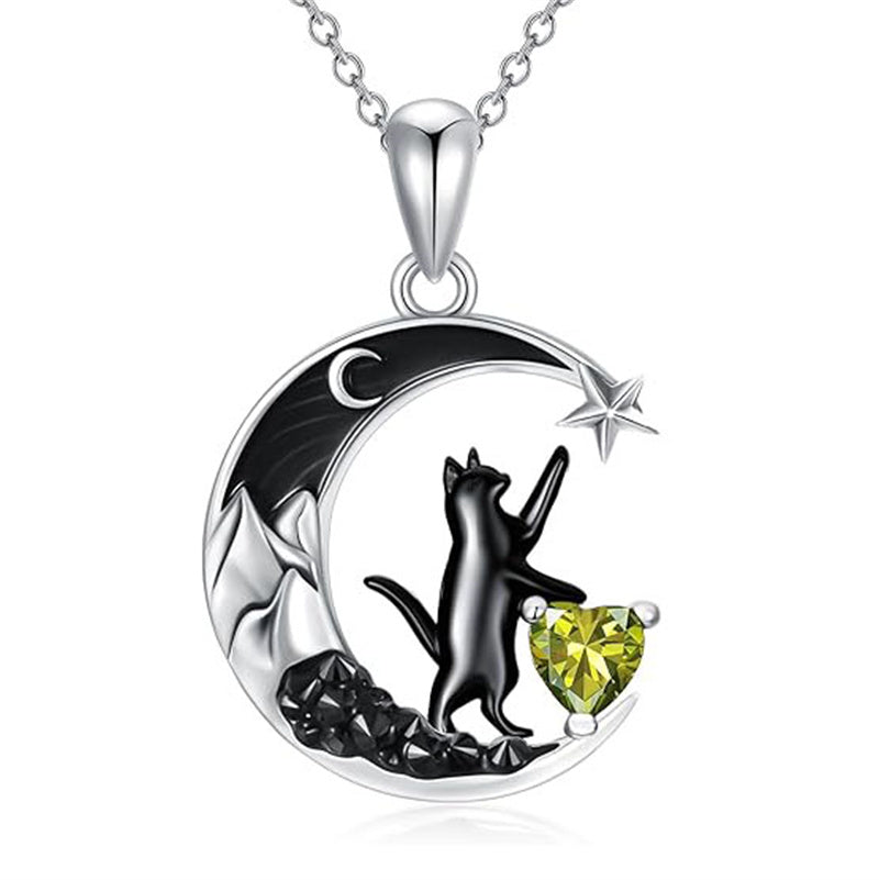 Sterling Silver Heart Birthstone Moon Star Black Cat Pendant Necklace