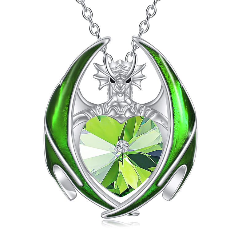 Sterling Silver Heart Shaped Crystal Birthstone Dragon Pendant Necklace