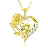 Sterling Sliver Birthstone Love Heart & Sunflower Pendant Necklace Engraved With You Are My Sunshine