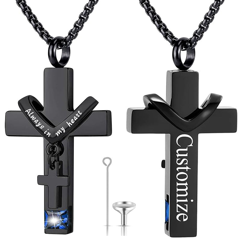 Stainless Steel Birthstones Cross Urn Necklaces for Ashes