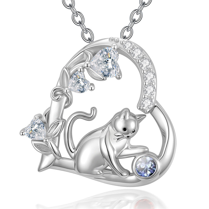 Sterling Silver 12 Month Birthstone Cat Pendant Necklace Gifts for Cat Lovers