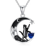 Sterling Silver Heart Birthstone Moon Star Black Cat Pendant Necklace