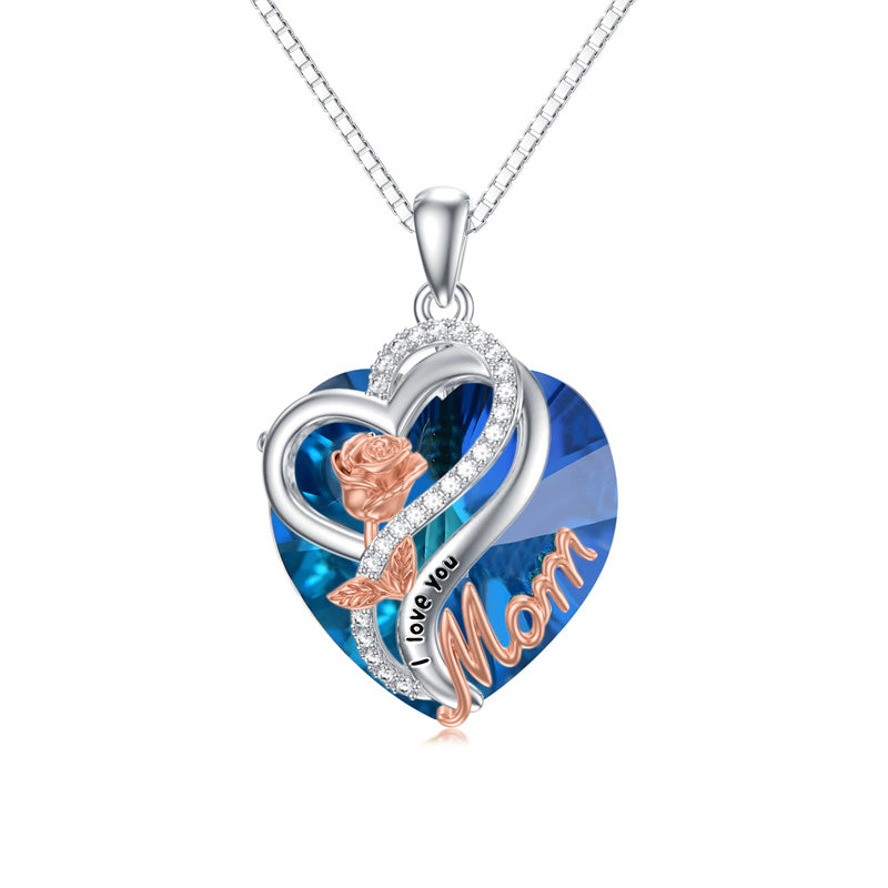 Sterling Silver Birthstone Heart Rose Pendant Necklace With Engraved