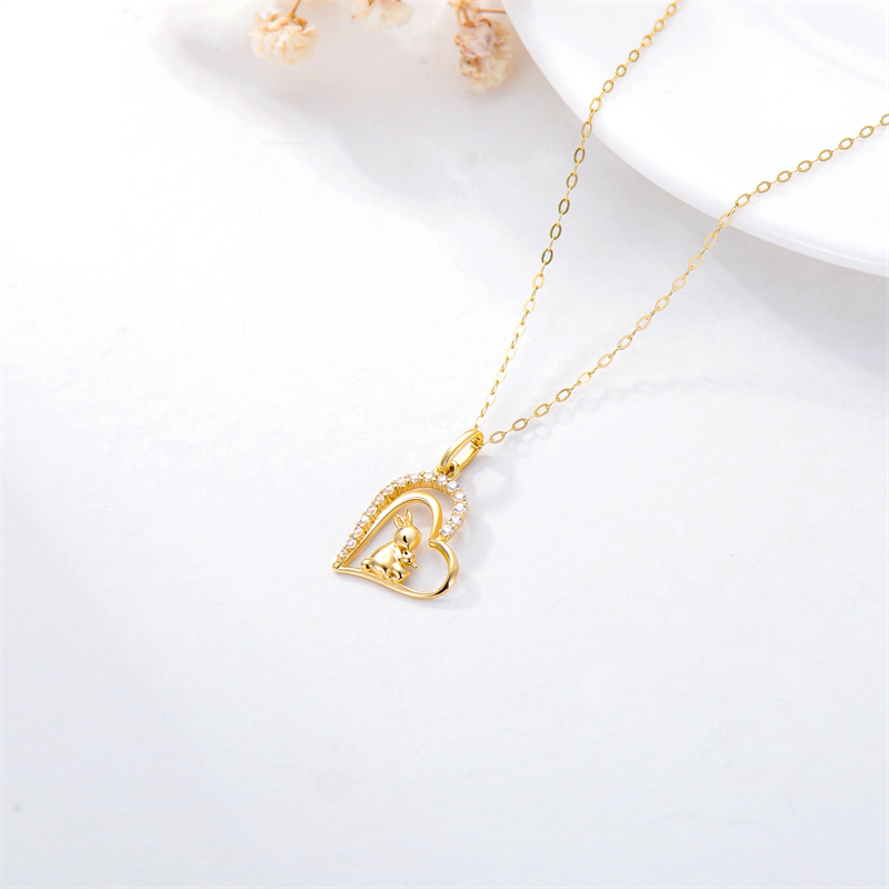 14K Gold Heart Rabbit Pendant Necklace