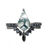 Sterling Silver Personalized Engraved 10K 14K 18K Gold Kite Moss Agate Bridal Promise Wedding Ring Set