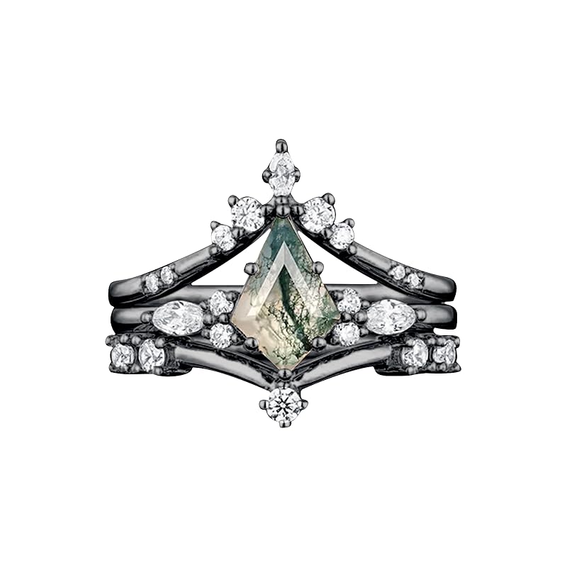 Sterling Silver Personalized Engraved Moss Agate Bridal Wedding Promise Engagement Ring Set for Women